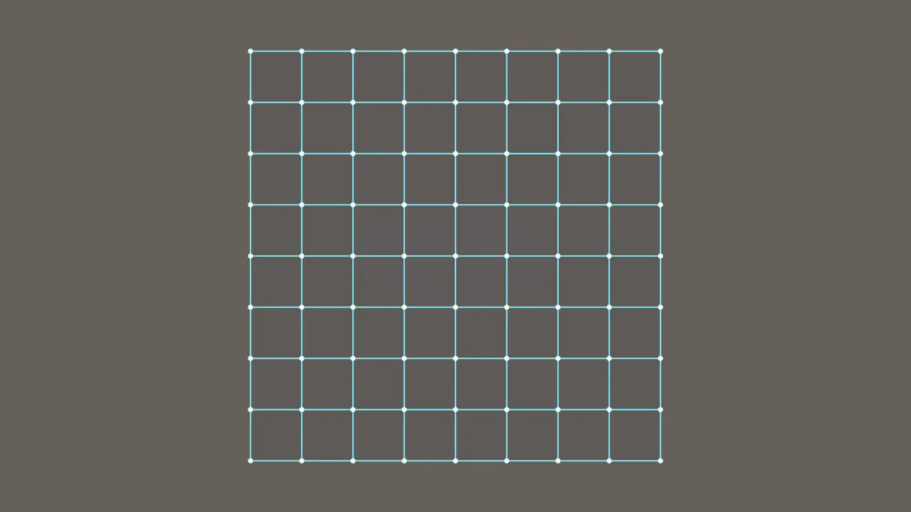 A flat square plane subdivided into an even eight-by-eight grid, with every vertex marked by a small dot.