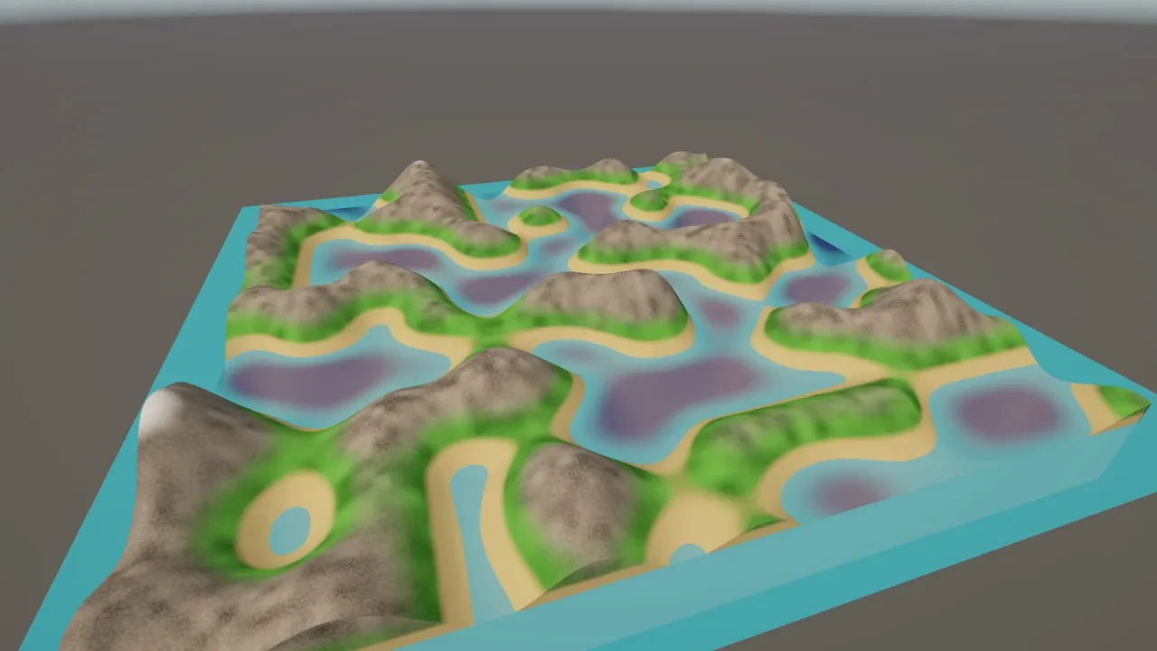 The fully coloured terrain with fine noise added so the grass, rock and snow surfaces look less flat.